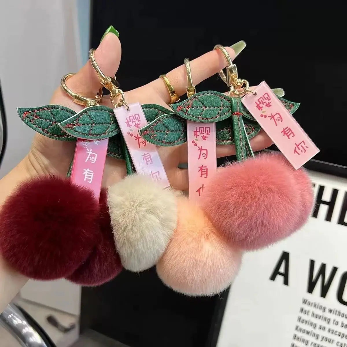 ZAKOL New Cute Fluffy Rex Rabbit Fur Ball Pompom Leaf Keychain Cherry Key Chain Handbag Car Key Chain Ring Gift Quick Pick Grocers