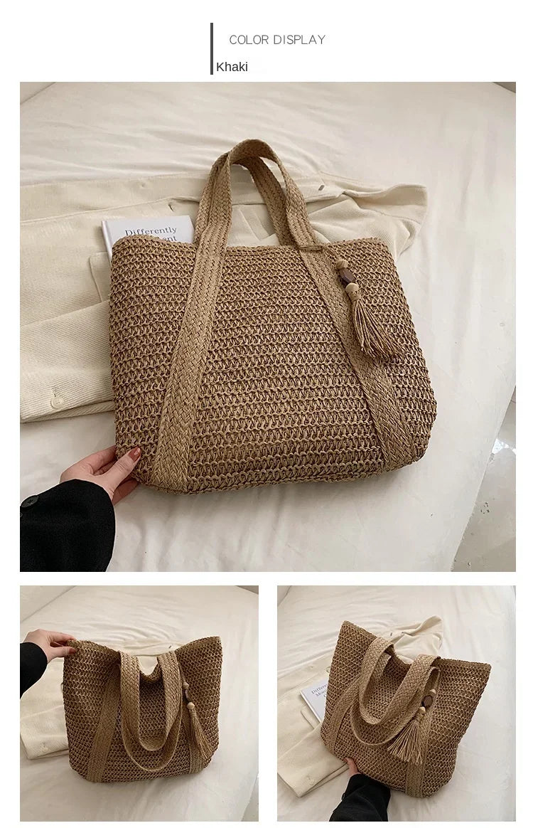 Elegant Ladies Straw Woven Handbag Women Holiday Beach Commute Casual Tote Top-Handle Bags Fashion Retro Shoulder Bags 2024 Quick Pick Grocers