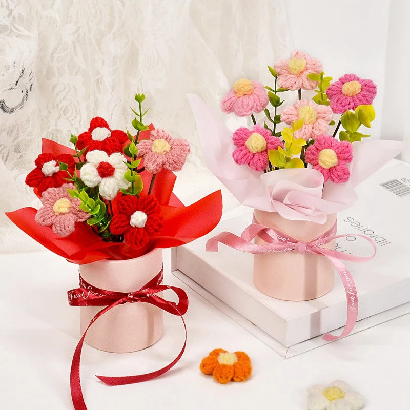 Knitted Flower Bouquet Crochet Rose Flowers Hugging Bucket New Year Gifts Living Room Desk Decoration Mother's Day Gift Quick Pick Grocers