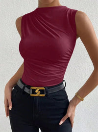 Women's Casual Mock Neck Ruched Tank Top Summer 2024 Solid Color Slim Fit Pleated Sleeveless T Shirt Tee Tshirt Streetwear Quick Pick Grocers