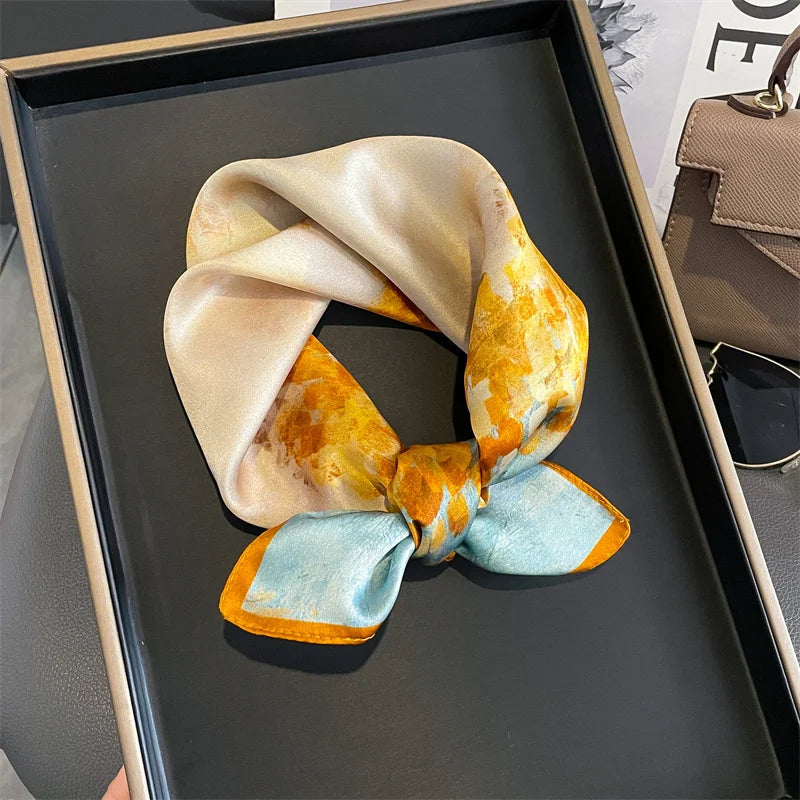 2025 Fashion 100% Real Silk Scarf 53cm Square Bandelet Women's Silk Temperament Small Scarf Neck Decorative Wrap Printed Scarves Quick Pick Grocers