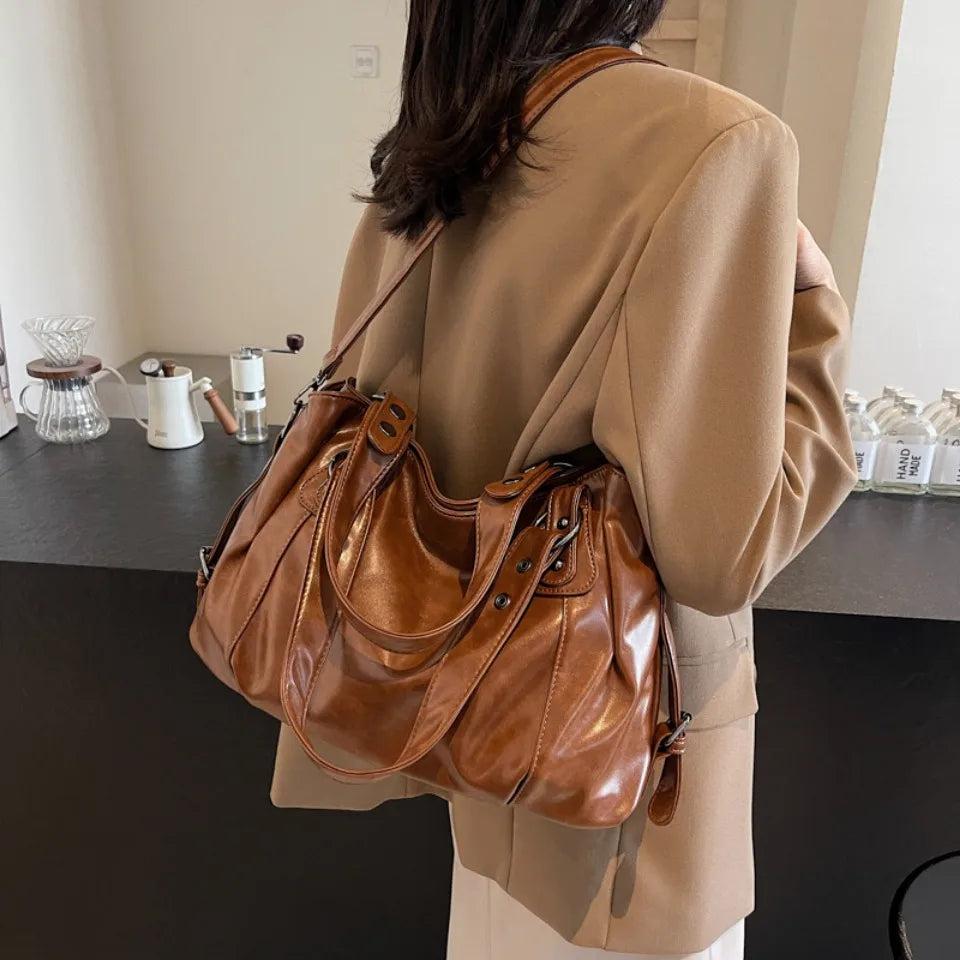 Retro Brand Roomy Shoulder Bag Female Luxury Solid Color Classic Crossbody Bag Large Capacity Style Soft PU Leather Tote Bag Quick Pick Grocers