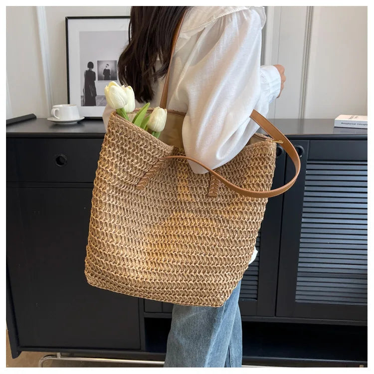 Hand-woven Women's Shoulder Handbag Bohemian 2025 Summer Fashion Straw Beach Tote Bag Travel Shopper Weaving Shopping Bags Quick Pick Grocers