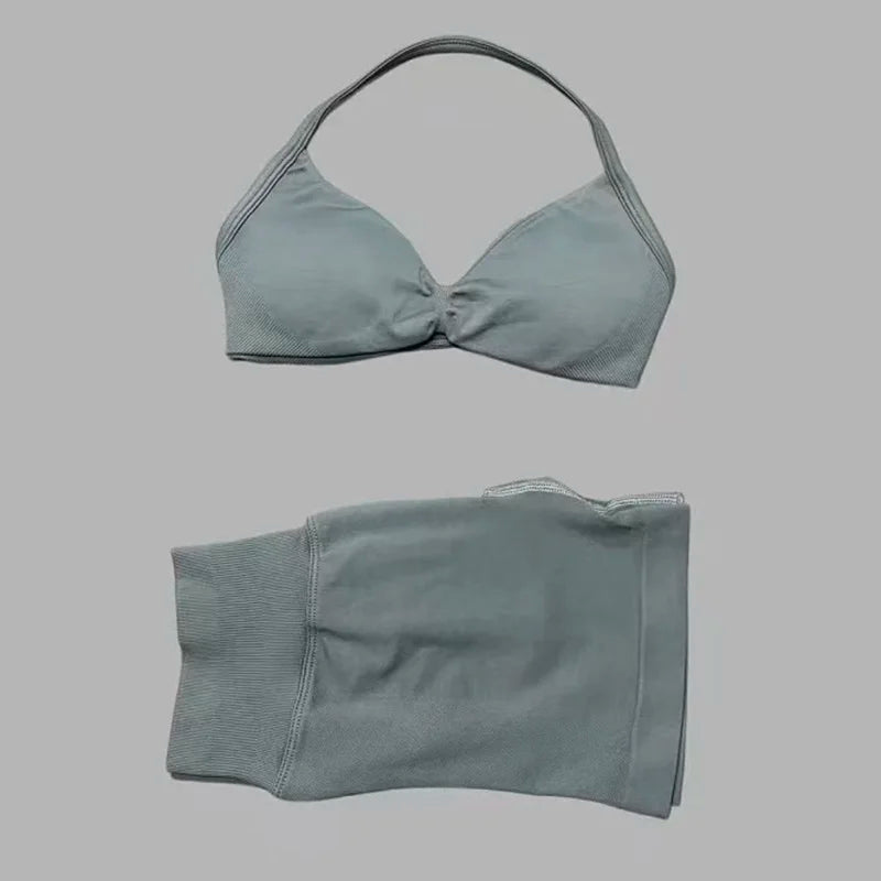 HISTELLO Gym Set 2 Piece Women Strappy Yoga Bra Top Workout Scrunch Shorts Sports Suit Fitness Clothes Seamless Yoga Set Quick Pick Grocers