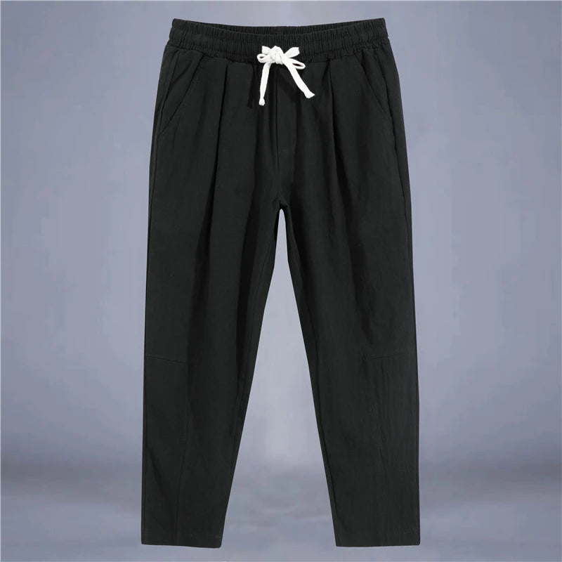 Men's Trousers Cotton Linen Fashion Casual Pants Solid Color Breathable Loose Shorts Straight Drawstring Pants Streetwear Men Quick Pick Grocers
