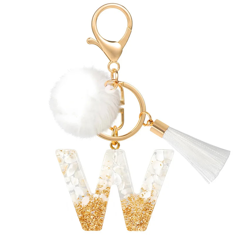 Creative Resin Initials White Fringe Fur Ball Women Keychain A-Z Letter Pendant Handbag Decor Car Key Ring Jewelry Gift Quick Pick Grocers