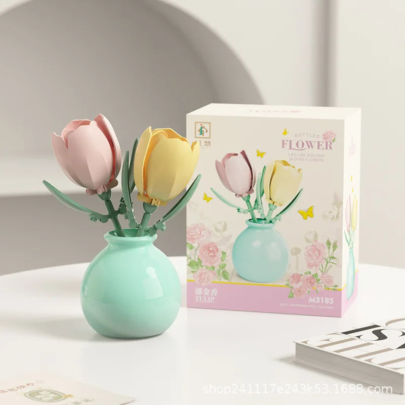 Building block pot plant bouquet of flowers, roses, lily building blocks, toys with flower pots, cute living room ornaments gift Quick Pick Grocers