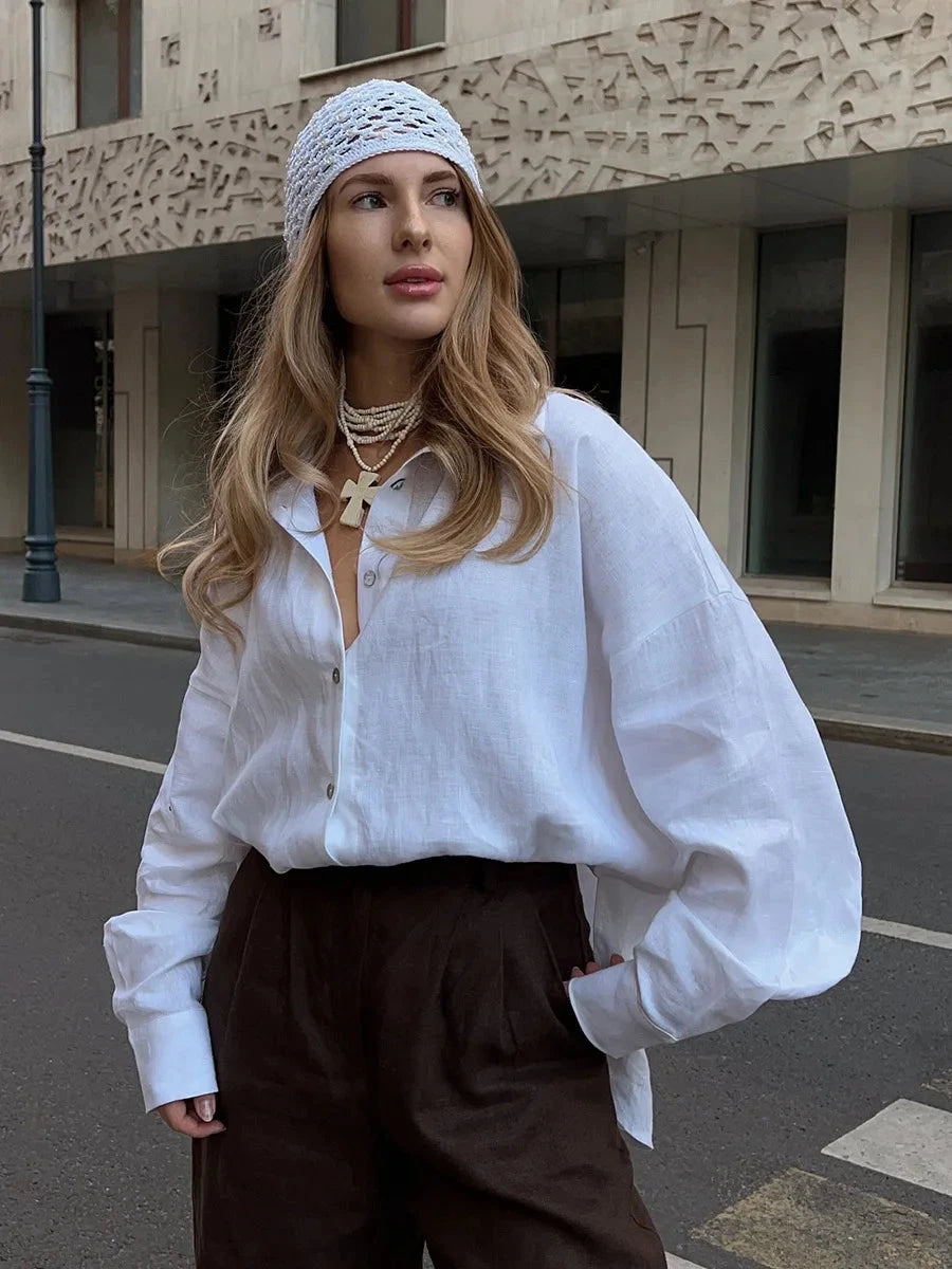 Bornladies 100% Cotton Spring Summer Versatile Lazy Casual Shirt Women's Fashionable Solid Color Loose Shirt Cardigan Shirt Econic Blanks