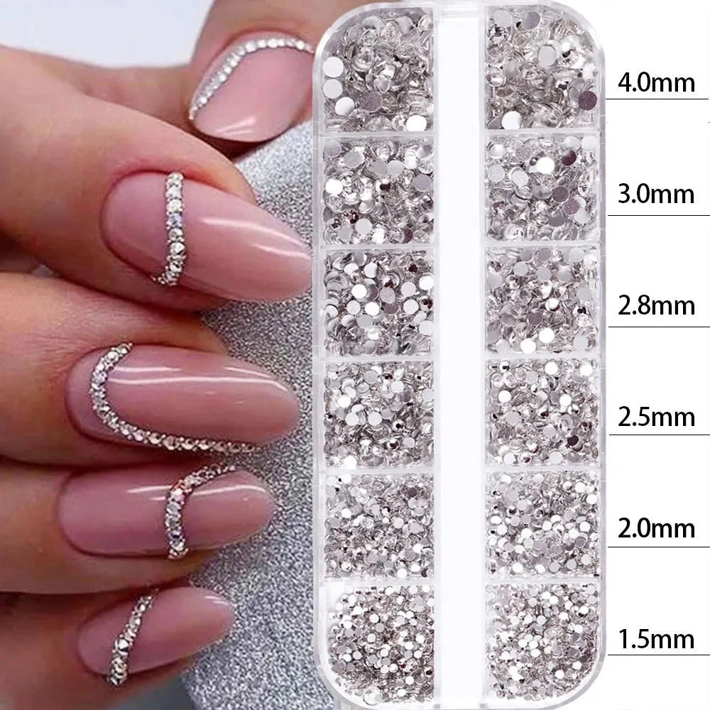 2400pcs+ Shiny Clear Crystal Gems Nail Rhinestones 1.5-4mm Mixed Round Glass Stone Flatback Nail Charms 12grids Nail Diamond DIY Econic Blanks