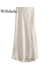 Willshela 2024 Black Satin Skirt Woman High Waist Elegant Long Skirts For Women Fashion Summer Midi Skirt Office Women's Skirts Quick Pick Grocers