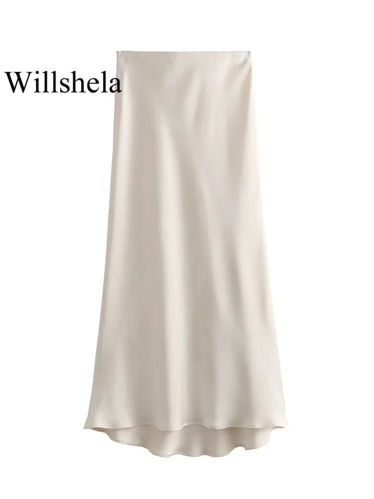 Willshela 2024 Black Satin Skirt Woman High Waist Elegant Long Skirts For Women Fashion Summer Midi Skirt Office Women's Skirts Quick Pick Grocers