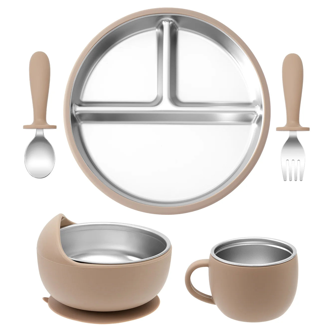 5PCS Stainless Steel Dishes Plate Baby Feeding Set With Detachable Silicone Sucker Bowl BPA Free Infant Fork Spoon Cup Gifts Purest Peak