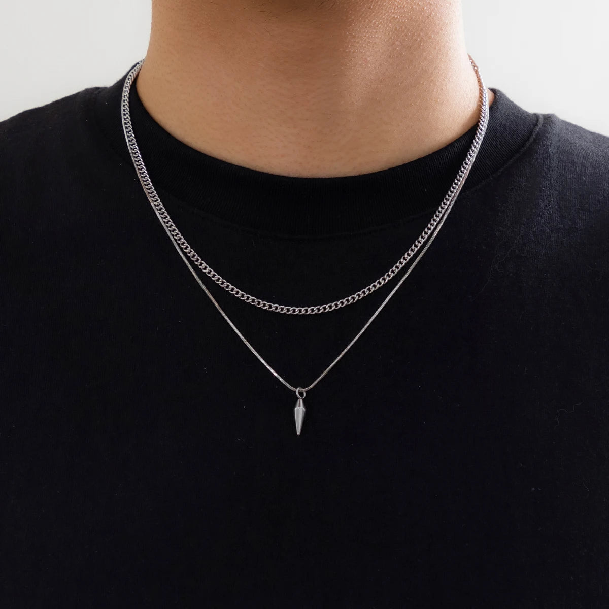KunJoe 2pcs/set Stainless Steel Metal Rivet Pendant Thin Snake Chain Necklace for Men Punk Silver Color Cuban Link Chain Choker Quick Pick Grocers