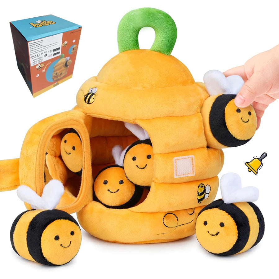 Baby Toys 6-12 Months Soft Baby Beehive with 5 Sensory Bee Rattle Mirror Crinkle Squeaker Busy Montessori Soft Toy for Toddlers Purest Peak
