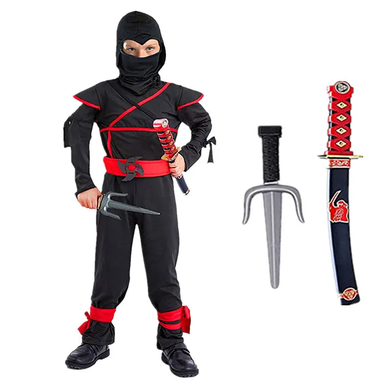 Black Ninja Costume Boy Halloween Japanese Samurai Costume Kid Anime Muscle Costume with Foam Accessories Best Children Gift Quick Pick Grocers