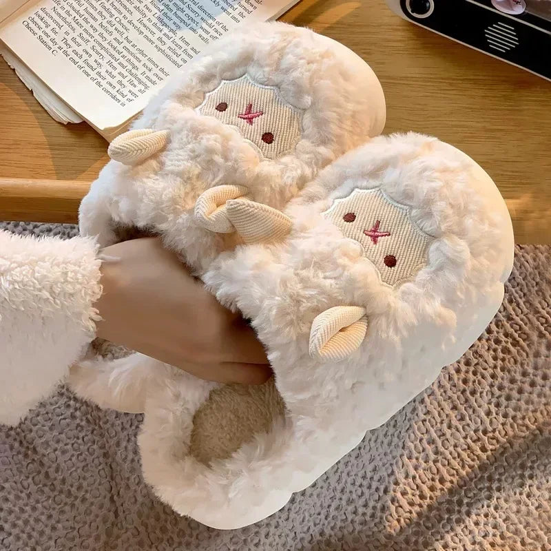 Winter Cartoon Plush Slippers Warm Fluffy Faux Fur Sheep Design Indoor Home Couple Cotton Slippers for Men And Women Purest Peak