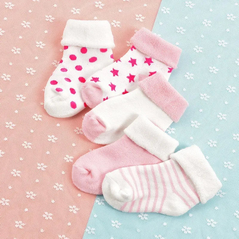 5 Pairs Autumn Winter Warm Strip Baby Sock Cute Cartoon Dot Thick Infant Floor Sock Soft Star Pattern Newborn Toddler Sock Purest Peak