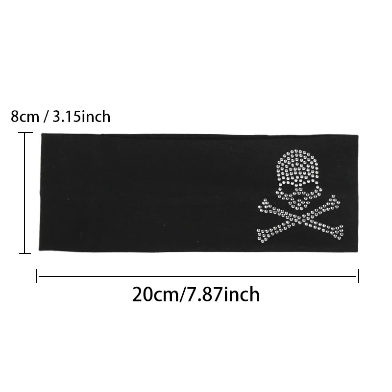 SKull Design Retro Street Punk Style Rhinestone Hair Strap Hot Girls Elastic Wide Edge Hairband Sports Anti Sweating Headband Quick Pick Grocers