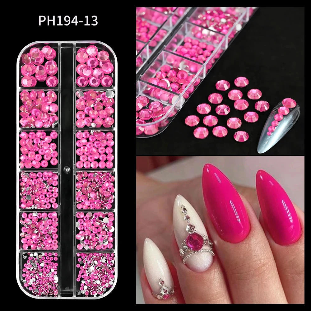 12Grids SS6-SS30 Mixed Nail Rhinestones Shiny Clear/Gold/Pink/Blue Diamond Flat-back Nail Gems Glass Stones Nails Decoration Econic Blanks