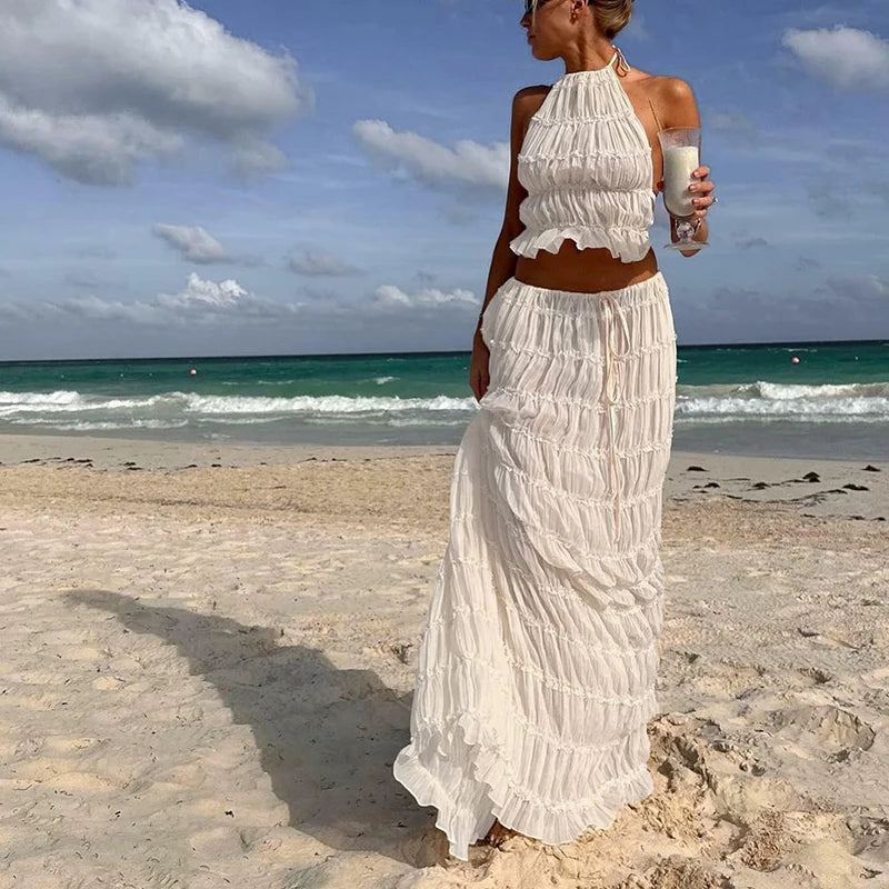 Women Boho Sexy Backless Matching Suit 2 Piece Beach Holiday Outfits Vintage Ruched Halter Cami Tops + Maxi Long Skirt Party Quick Pick Grocers