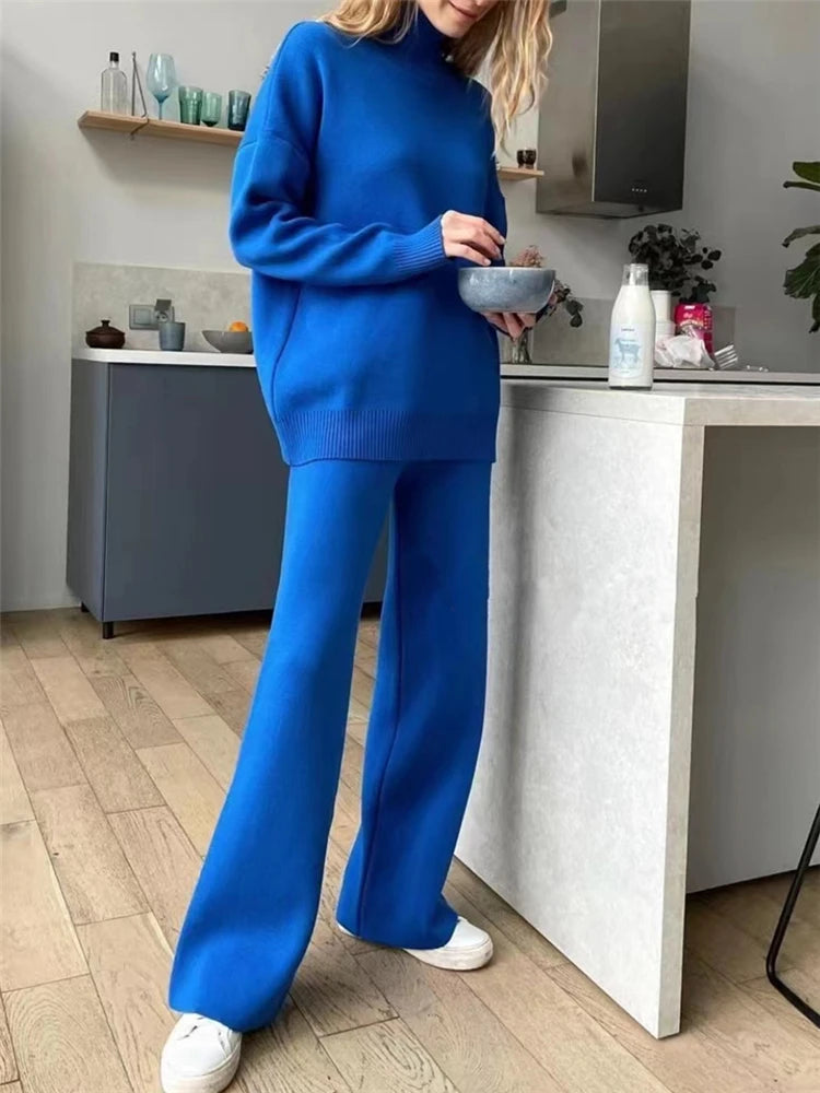 Autumn Winter 2 Pieces Women Sets Knitted Tracksuit Turtleneck Sweater and Straight Jogging Pants Suits Quick Pick Grocers