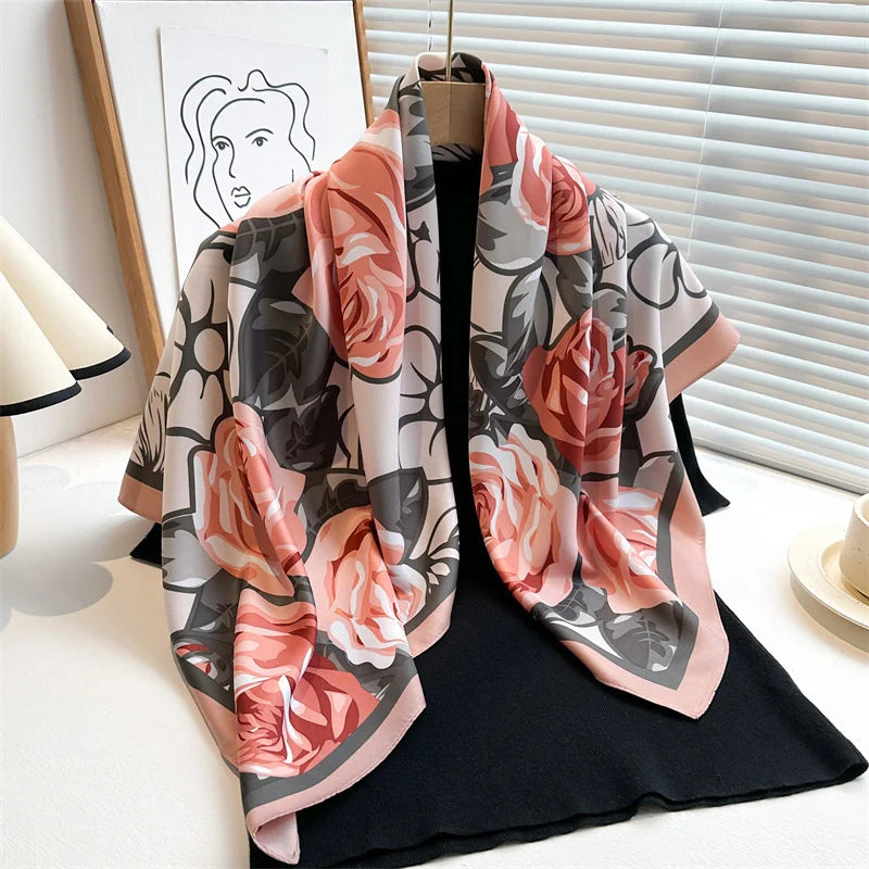 90*90Cm Square Scarf Twill Silk Feeling Women Head Shawls and Wraps Luxury Hair Tree Print Neck Scarves Hijab Bandana Pashmina Quick Pick Grocers