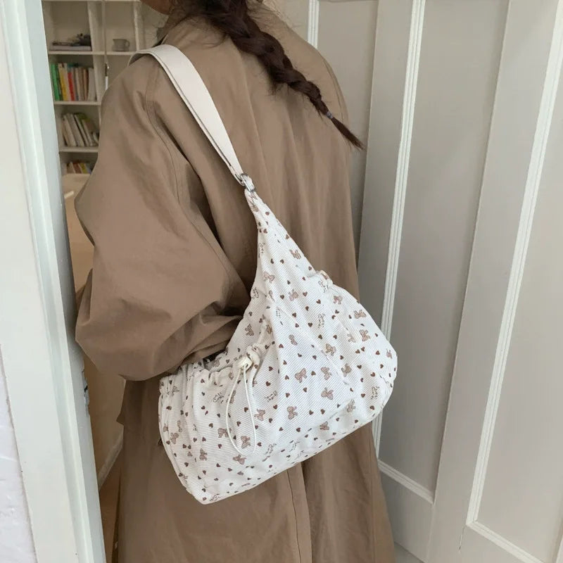 Korean Nylon Shoulder Bags Fashion Simple Plaid Zipper Tote Drawstring Pleated Cloud Bags New Commuter Crossbody Shoulder Bag Quick Pick Grocers