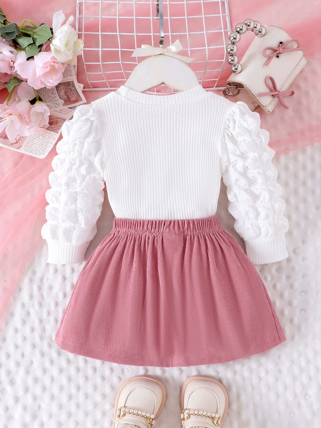 2PCS Winter New Style For 0-3 Year Old Girls, Comfortable Sweet And Cute Bubble Sleeves, Love Chapter Top + Pink Short Skirt Set Econic Blanks