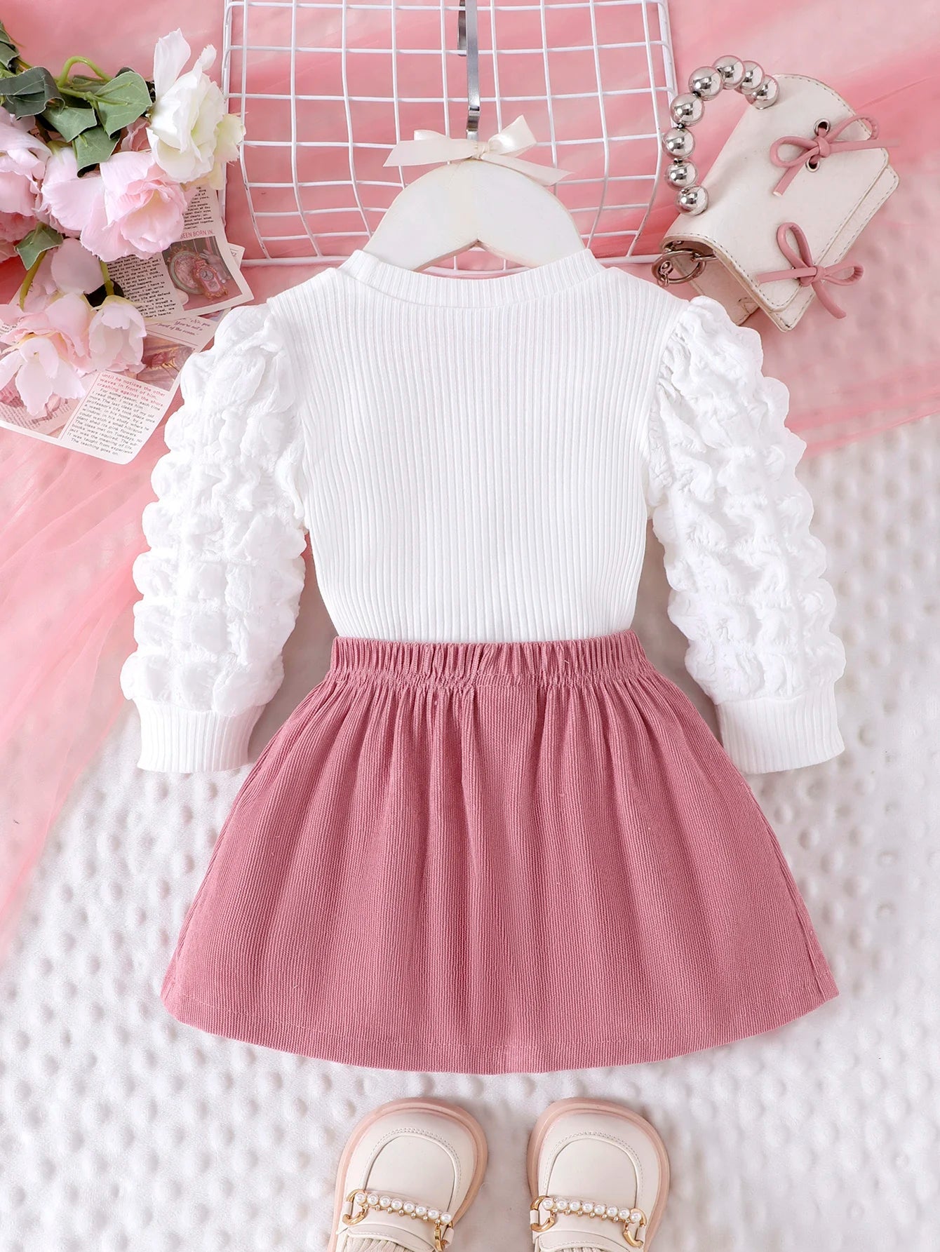 2PCS Winter New Style For 0-3 Year Old Girls, Comfortable Sweet And Cute Bubble Sleeves, Love Chapter Top + Pink Short Skirt Set Econic Blanks