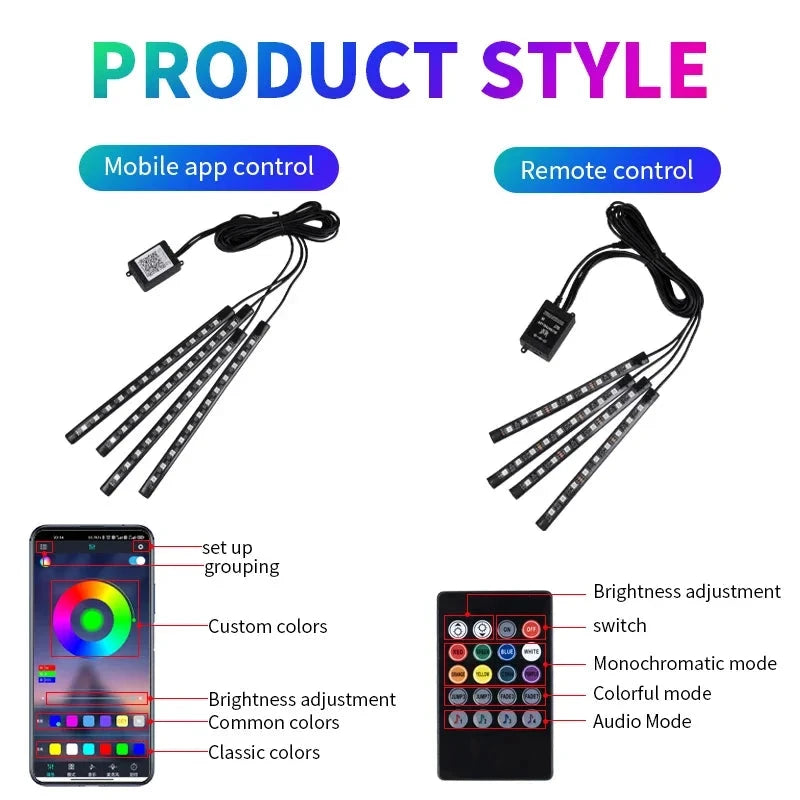 Neon LED Car Interior Ambient Light Kit – RGB Foot Strip Lighting with APP & Remote Control, Music Sync Car Decor Lamp Econic Blanks