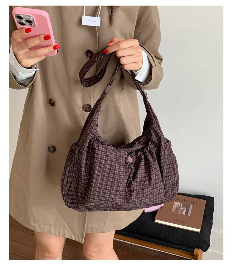 Korean Nylon Shoulder Bags Fashion Simple Plaid Zipper Tote Drawstring Pleated Cloud Bags New Commuter Crossbody Shoulder Bag Quick Pick Grocers