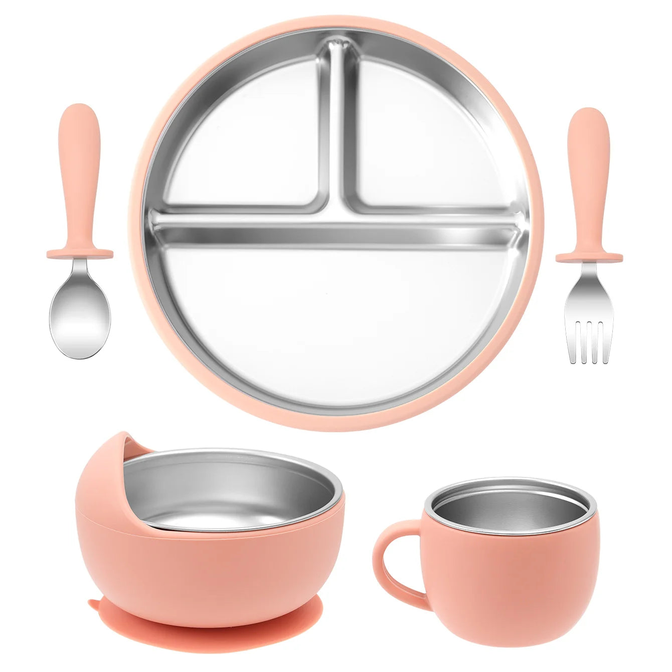 5PCS Stainless Steel Dishes Plate Baby Feeding Set With Detachable Silicone Sucker Bowl BPA Free Infant Fork Spoon Cup Gifts Purest Peak