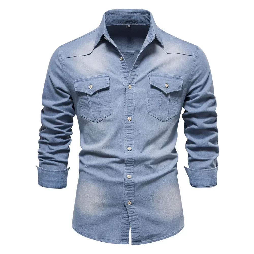 AIOPESON Brand Elastic Cotton Denim Shirt Men Long Sleeve Quality Cowboy Shirts for Men Casual Slim Fit Mens Designer Clothing Quick Pick Grocers
