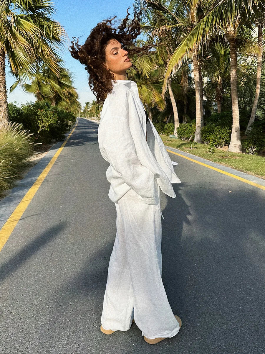 Bornladies Cotton Casual Pants Sets Women's Solid Color Cozy Lapel Long Sleeve Shirt Summer Outfit Elastic Waist Pants Suits Quick Pick Grocers