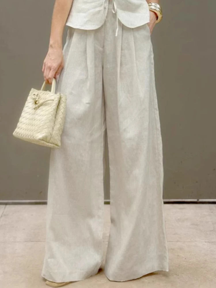 Mueyaruho Women 2026 Summer Office Pant Set Suits Solid Beige Outfits 2 Two Piece Wide Leg Matching Set For Women Quick Pick Grocers
