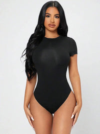 Petite Solid Slim Fit Short Sleeve Bodycon Bodysuit for Women Quick Pick Grocers