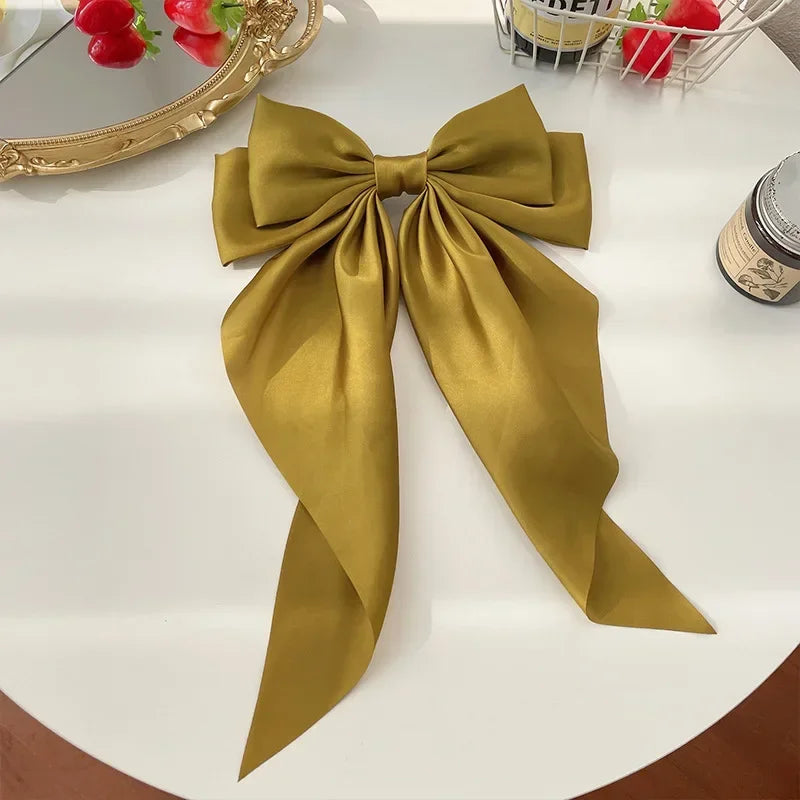 Korean Accessories Hair Clips for Women Girls Big Bowknot Solid Satin Long Ribbon Bows Spring Clamp Barette Cheveux Femme 2023 Quick Pick Grocers