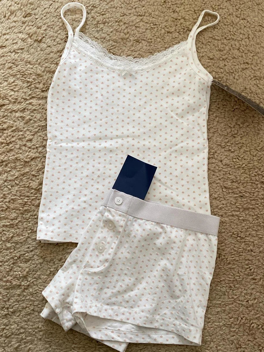 Strawberry Vest Shorts 2 Pieces Set Woman Eyelet Bow Slim Tank Top with Elastic Waist Patchwork Straight Short Pant Sweet Sets Quick Pick Grocers