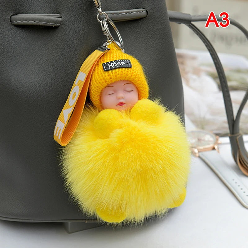 Pompom Sleeping Baby Keychain Cute Fluffy Plush Doll Keyholder Women Girl Bags Keyrings Cars Key Ring Gift Charming Decoration Quick Pick Grocers