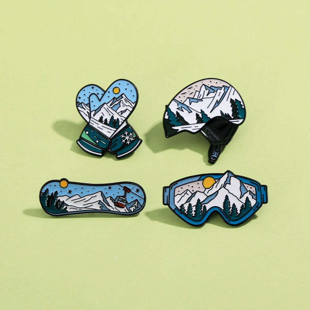 Sports Snow Mountain Pattern Ski Theme Enamel Brooches Skateboard Gloves Helmet Goggles Shaped Pins Winter Badge Jewelry Quick Pick Grocers