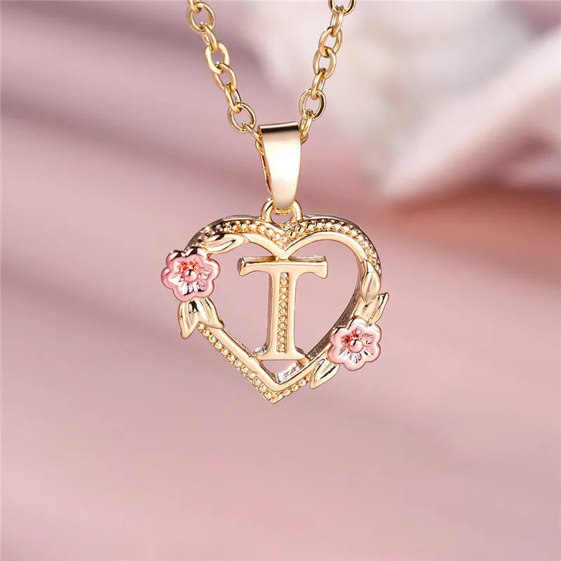 Female A-Z Letter Flower Pendant Necklace Yellow Gold Color Wedding Jewelry Gift For Women Quick Pick Grocers
