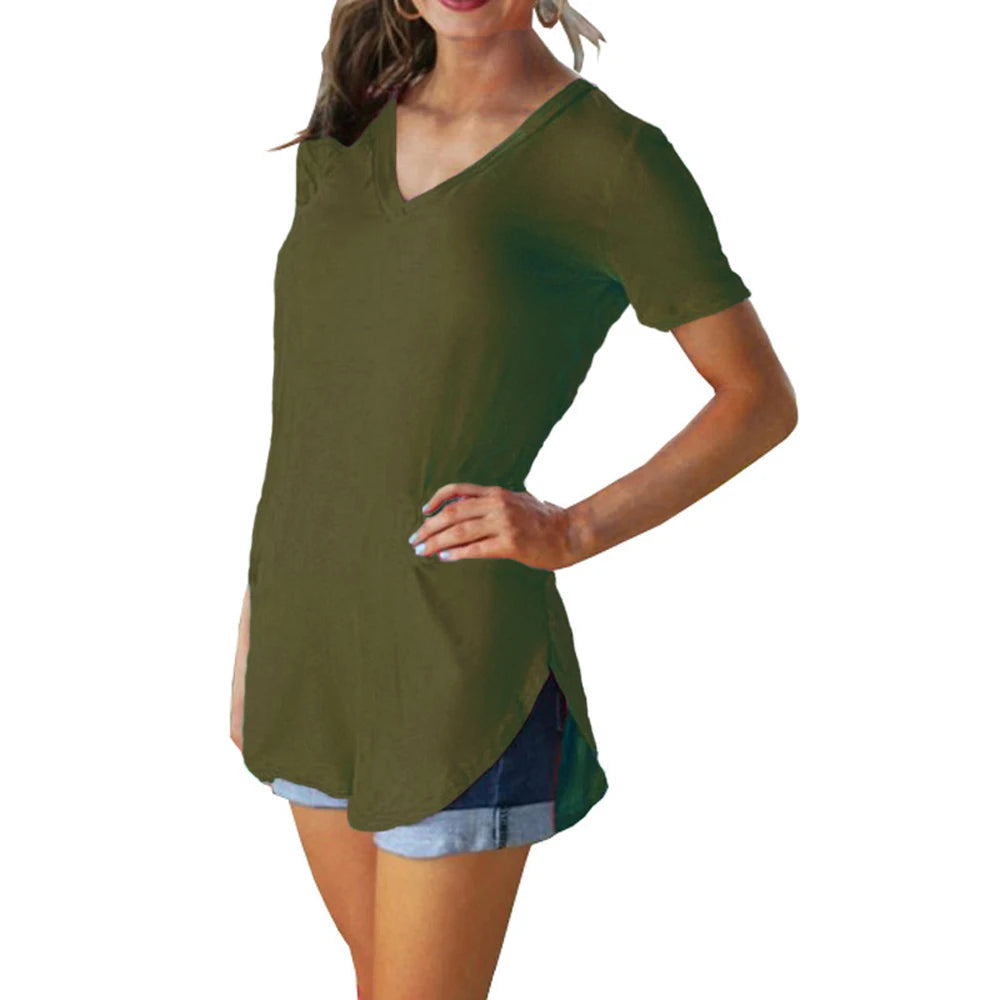 Summer solid color blouse V-neck short sleeve loose T-shirt hem arc women clothes Quick Pick Grocers
