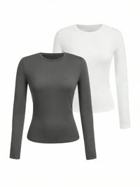 Women's solid-color long-sleeved T-shirt - Polyester knitted fabric, round neck, regular fit, fall-winter style Quick Pick Grocers