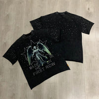 Streetwear Vintage Washed Diamond Cropped Tee for Men Crew Neck Short Sleeve Loose Cotton Rhineston Tshirts Oversized Quick Pick Grocers