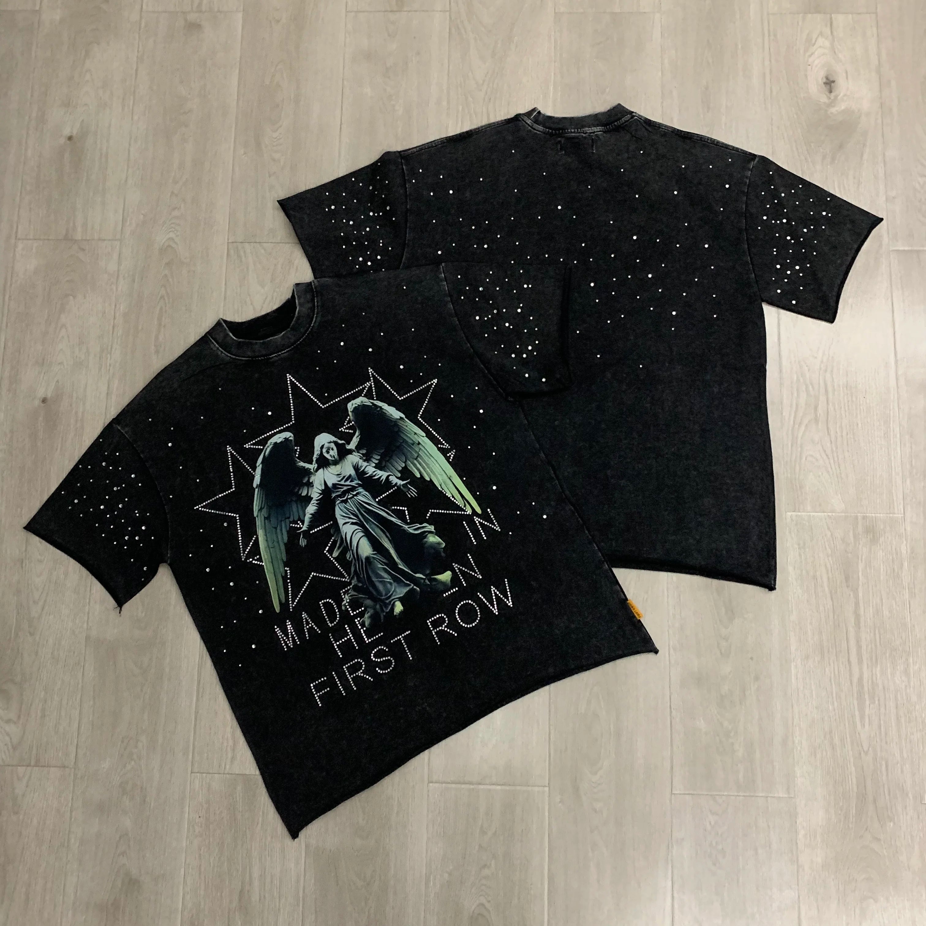 Streetwear Vintage Washed Diamond Cropped Tee for Men Crew Neck Short Sleeve Loose Cotton Rhineston Tshirts Oversized Quick Pick Grocers
