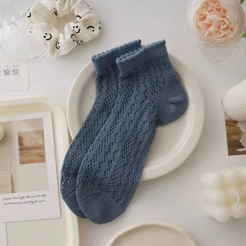 Fashionable Summer Soft Short Socks for Women Thin Mesh Sock Breathable Feature Sweet Hollow Out Design White Lace Ankle Socks Quick Pick Grocers