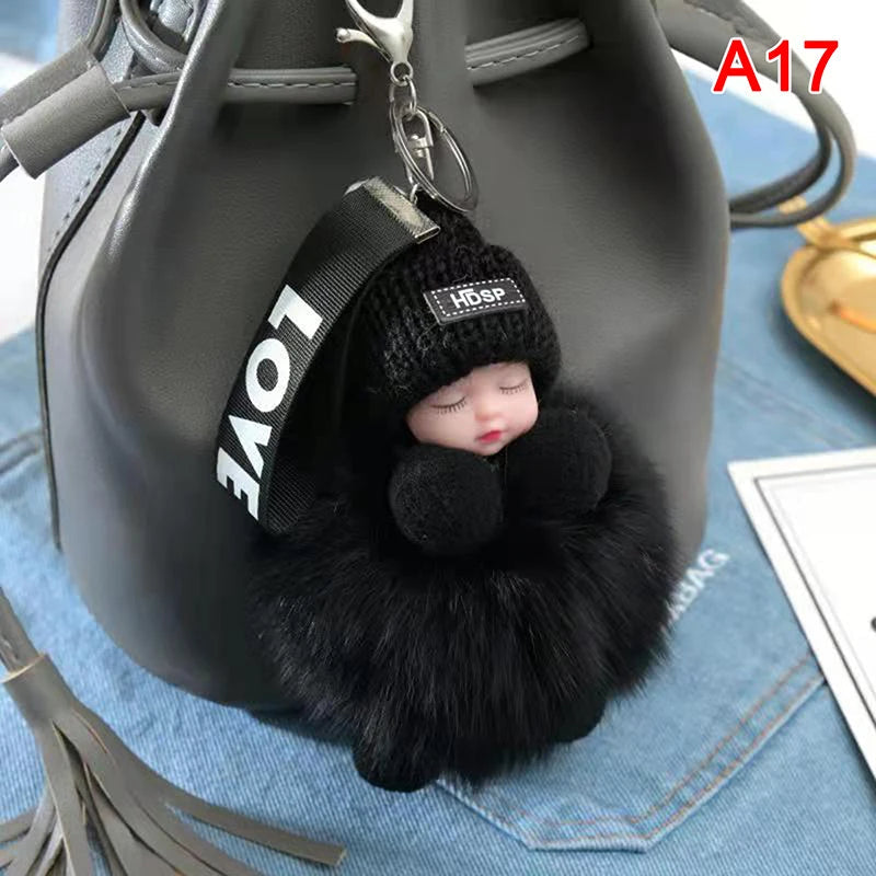 Pompom Sleeping Baby Keychain Cute Fluffy Plush Doll Keyholder Women Girl Bags Keyrings Cars Key Ring Gift Charming Decoration Quick Pick Grocers