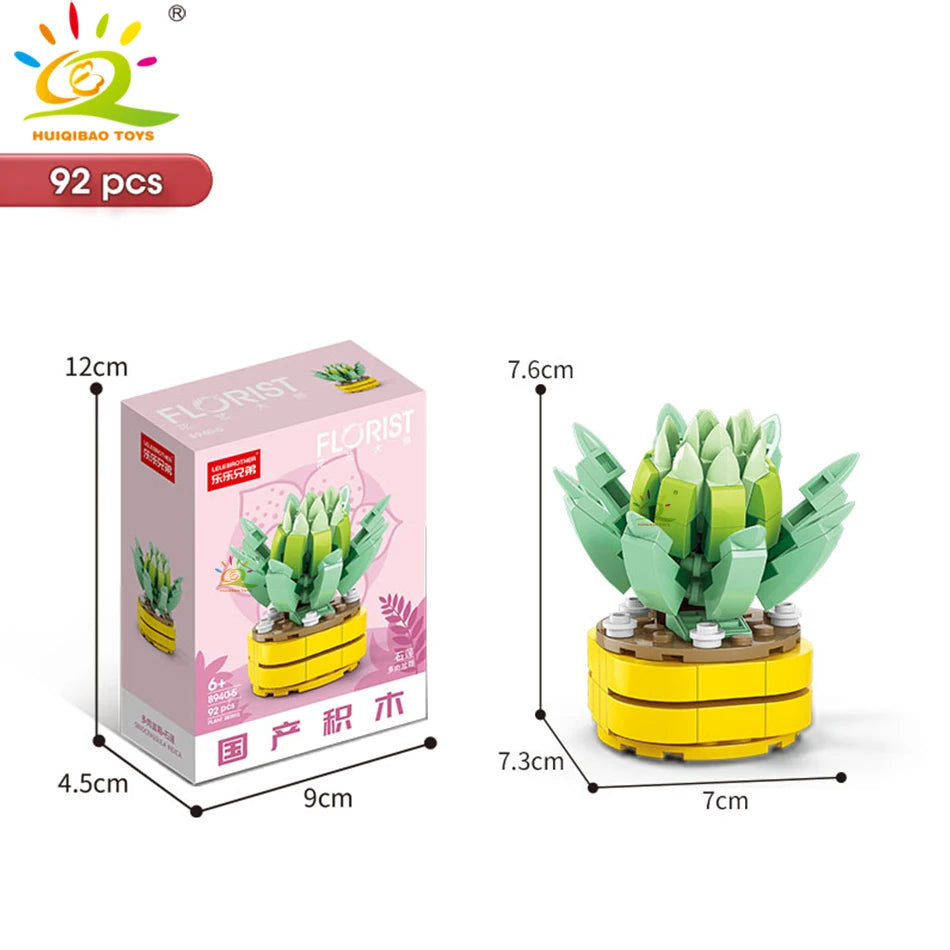 HUIQIBAO MOC Flower Succulent Potted Model Building Block DIY Eternal Bouquet Home Desk Plant Decor Brick Girl Gift Children Toy Quick Pick Grocers
