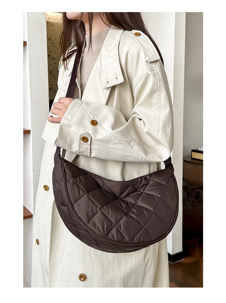 Waist Half Moon Belt Bag Solid Color Crossbody Bag Large Capacity Shoulder Bags Portable Nylon Plaid Travel Bags for Commuting Quick Pick Grocers