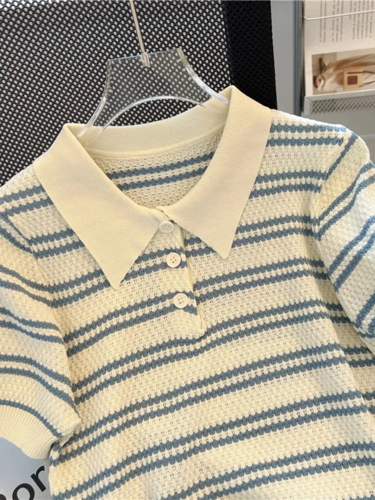 2025 Polo Neck New Womens Knitting T-Shirt Striped Short Sleeve Women T Shirt for Female Slim Tops Woman T Shirts Clothing S145 Quick Pick Grocers